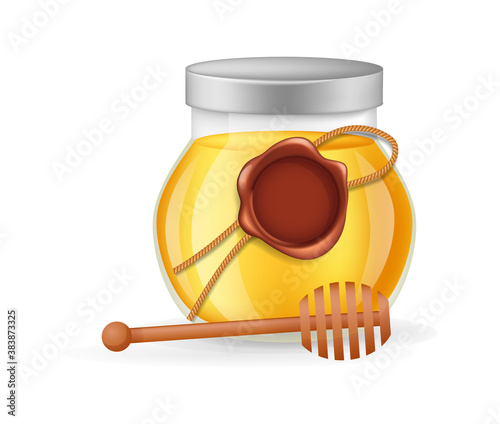 Honey product. Glass transparent jar with full of honey and wooden spoon dipper and vintage red seal wax stamp infographic on a light background vector