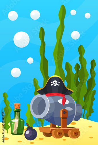 Pirate theme. Vector cartoon cannon with cannonball, bottle of papyrus, pirate hat at depths of sea, among the sand under water. View of underwater world, ancient treasures