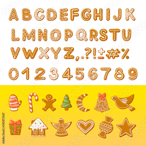 Gingerbread holidays cookies font alphabet. Christmas or New Year winter food with decorated glazed sugar. Gingerbread cookies in shape of arabic font, gift box, heart, lollipop, candy, angel
