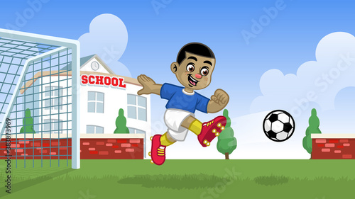 cartoon soccer player playing on the school field