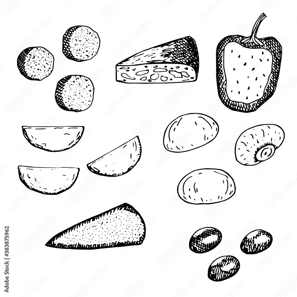 Set of traditional Spanish tapas, vector illustration, croquettes, tortilla, stuffed peppers