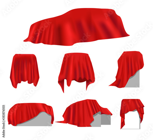 Realistic red wrinkled elegance silk cloth drapery cover. Hidden luxury prize, mysterious secret trick or surprise display under royal satin curtain vector illustration isolated on white background