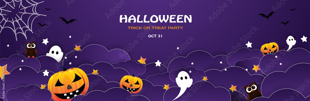 Halloween banner for party concepts, Halloween invitation blue background with night clouds and pumpkins in paper cut style. Vector illustration. Full moon in the sky, spiders web and flying bats.