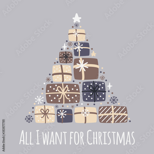 Cute Christmas background with hand drawn present boxes and snowflakes