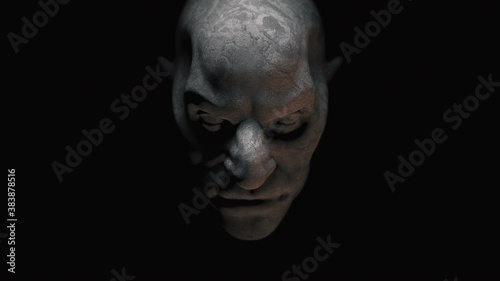 Animation of the appearance of a monster face  from the darkness. Horror scene or Halloween decoration.