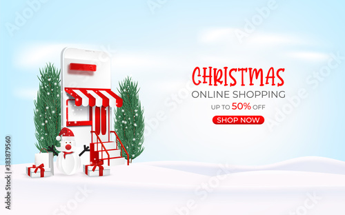 Online christmas sale banner, online shopping on mobile phone and website.