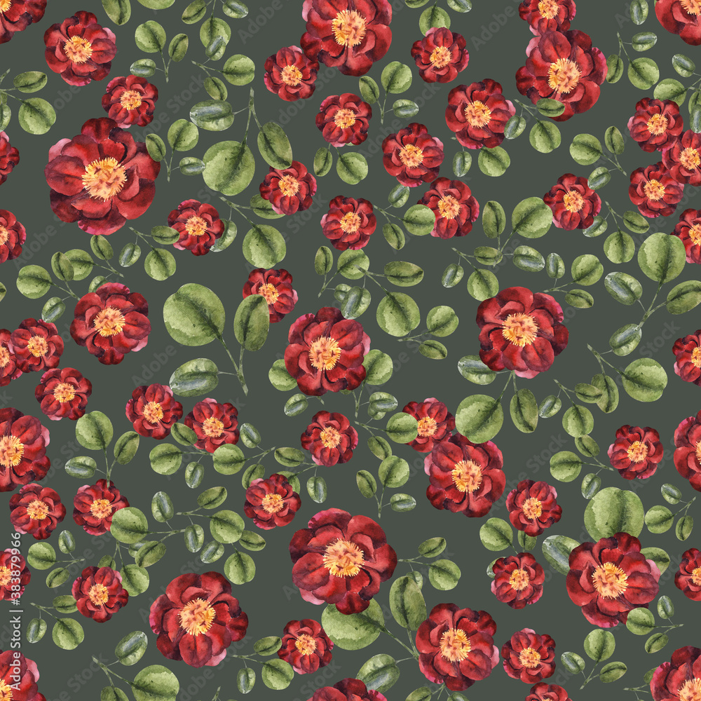Seamless pattern with red peony. Hand drawn watercolor illustration on dark green background