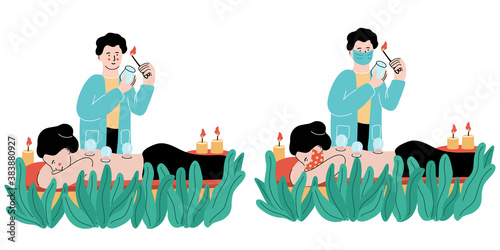 Person receiving cupping treatment with heated cups. Alternative medicine. Vector hand drawn illustration of a doctor and a patient wearing face mask isolated on white background.