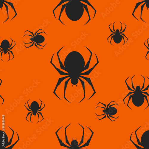 Spiders seamless pattern crawling on an orange background. Halloween concept. Flat style.