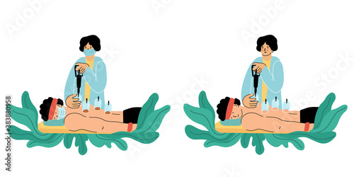 Person receiving vacuum cupping treatment. Alternative medicine. Vector hand drawn illustration of a doctor, a patient wearing face mask, medical cups and suction pump isolated on white background.