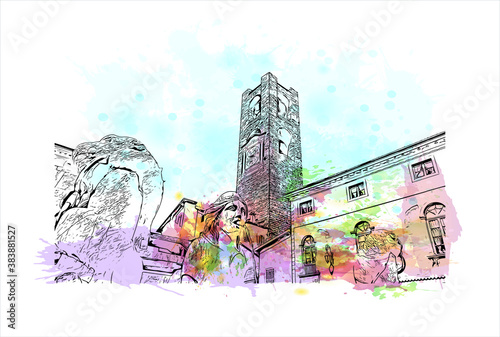 Building view with landmark of Bergamo is a city in the alpine Lombardy region of northern Italy. Watercolor splash with hand drawn sketch illustration in vector.