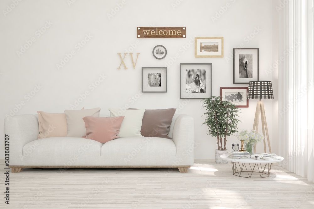 Naklejka premium White living room with sofa. Scandinavian interior design. 3D illustration