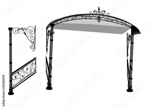 SKETCH of forged metal elements with antique ornaments. Artistic forging forged stair railing visor