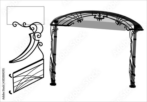 SKETCH of forged metal elements with antique ornaments. Artistic forging forged stair railing visor