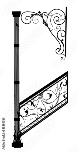 SKETCH of forged metal elements with antique ornaments. Artistic forging forged stair railing visor