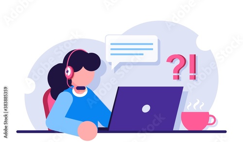 Customer service. Female operator of call center with headphones and microphone with laptop computer. Modern flat illustration.