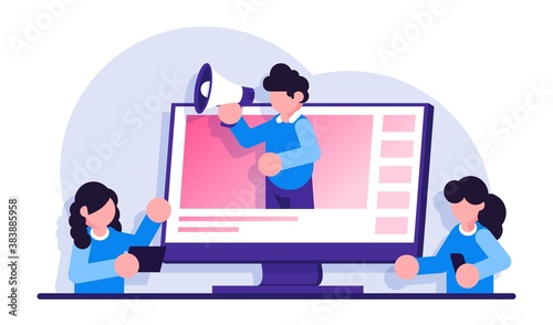 Online video communication or online learning, webinar. Video presentation and training in business. Modern flat illustration.