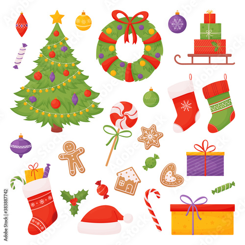 Set of Christmas items. Christmas tree, socks, candies, gifts and more.