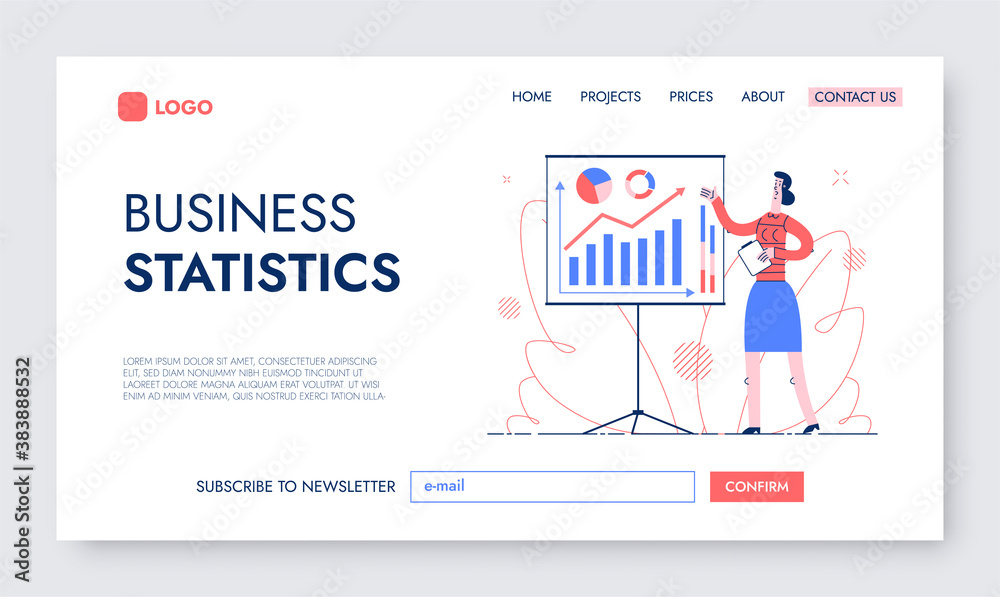 Business Statistics and Financial Analytics Landing Page. Vector Illustration of a Woman Showing a Presentation on the Screen with Graphs and Diagrams.