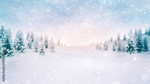 Snow covered winter forest at bright daylight. Defocused landscape scene. Winter holiday season 3D illustration background. 