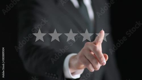5 star rating or review in survey, poll, questionnaire or customer satisfaction research. Happy business man giving positive feedback with abstract five stars. Service recommendation.