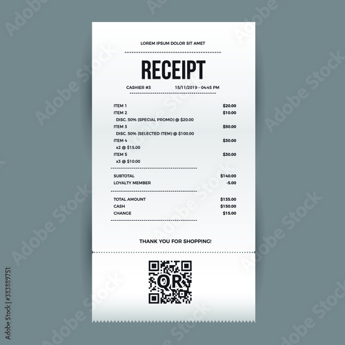 Realistic paper shop receipt with barcode. Eps 10 vector illustration.