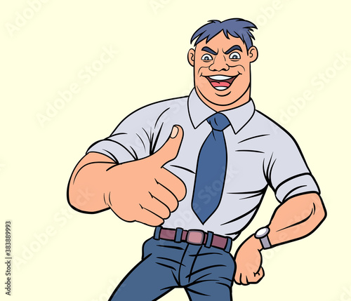 A man smiling with a thumbs showing satisfaction. hand drawn style vector design illustrations.