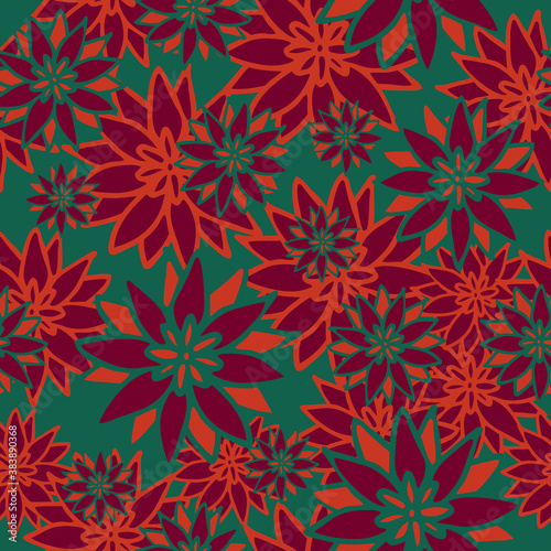 Seamless vector pattern with red flowers on teal blue background. Simple floral wallpaper design. Nature texture fashion textile.