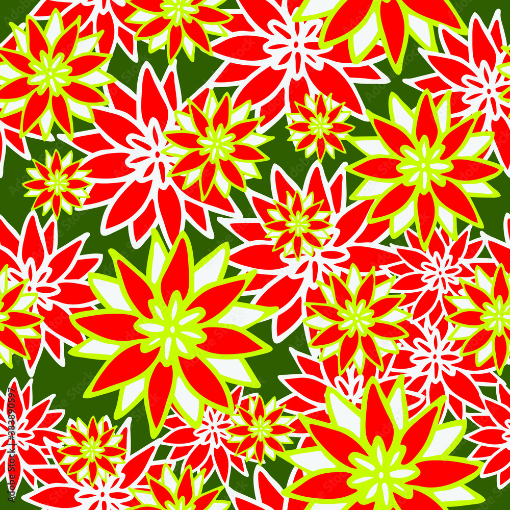 Seamless vector pattern with Christmas flowers on green background. Simple winter floral wallpaper design. Holiday season fashion textile. Seamless vector pattern with Christmas flowers on green background. Simple winter floral wallpaper design. Holiday season fashion textile.