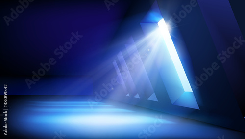 Large room lit by sunlight. Light effect on a blue dark background. Show on stage. Vector illustration.
