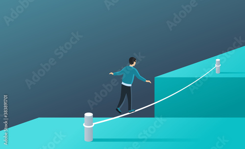 Business risk and professional strategy concept - man walks over gap as tightrope walker - isometric conceptual illustration for banner or poster photo