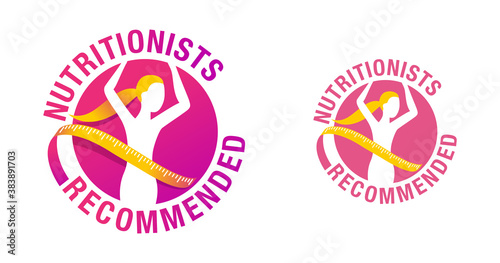 Nutritionists recommended emblem -  Weight loss diet food logo (isolated button) - abstract woman silhouette with measuring tape