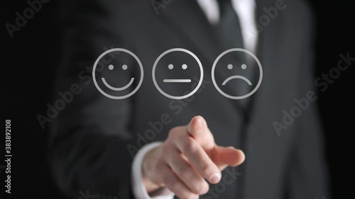 Survey, giving feedback, poll questionnaire and customer experience concept. Business man push digital touch screen to tell positive opinion, rating or review. Abstract smiley face technology.