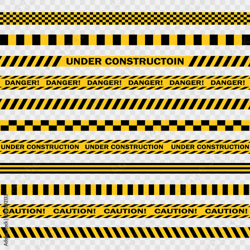 Warning tape. Vector seamless caution and danger tapes. Black and yellow stripes set. Danger signs, caution, covid-19, police line, attencion.Police security stripe border. Barricade construction tape © Даша Рябець