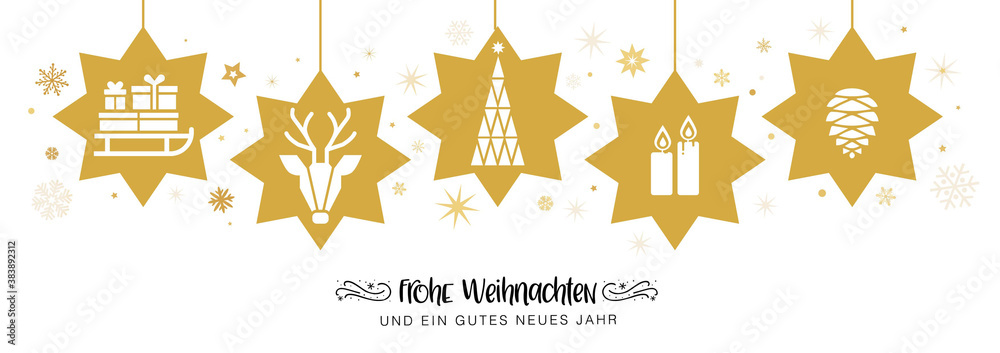 frohe Weihnachten mit goldenen Sternen - banner Weihnachtsdekoration - deutsch. - obrazy, fototapety, plakaty 