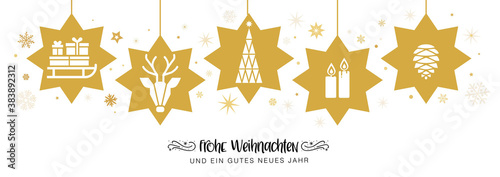 frohe Weihnachten mit goldenen Sternen - banner Weihnachtsdekoration - deutsch.