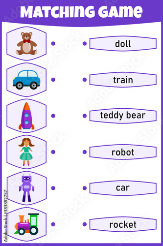 Matching game for kids. Connect picture and words. Educational worksheet for children.