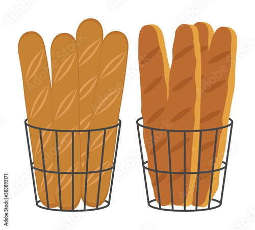 Loaves and baguettes in black metal baskets. Isolated on a white background. Vector illustration.