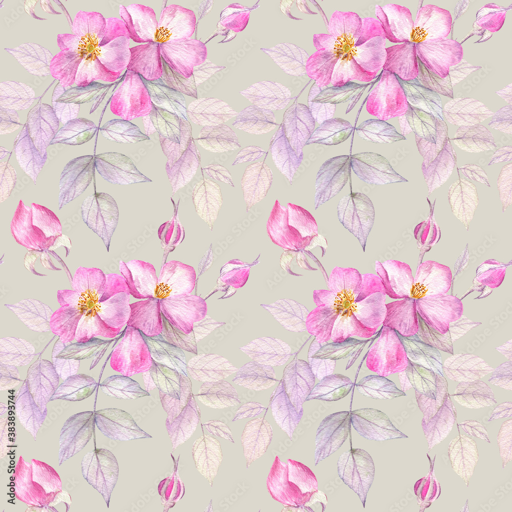Gentle seamless pattern with roses compositions on a light green-grey background. Elegant classic design, watercolor botanical illustration. Perfect for fabric, backgrounds and wrapping paper. 