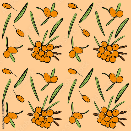 Seamless vector pattern of colored sea buckthorn on an orange isolated background. For fabric, cover, and background.