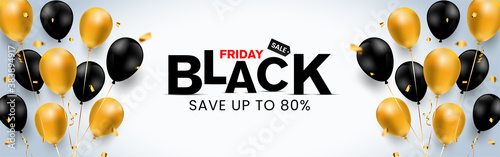 Black Friday banner with golden, black balloon and confetti banner for unique selling advertisement. 