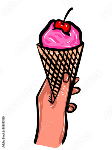 Bright ice cream cone in a person's hand, bright graphic illustration