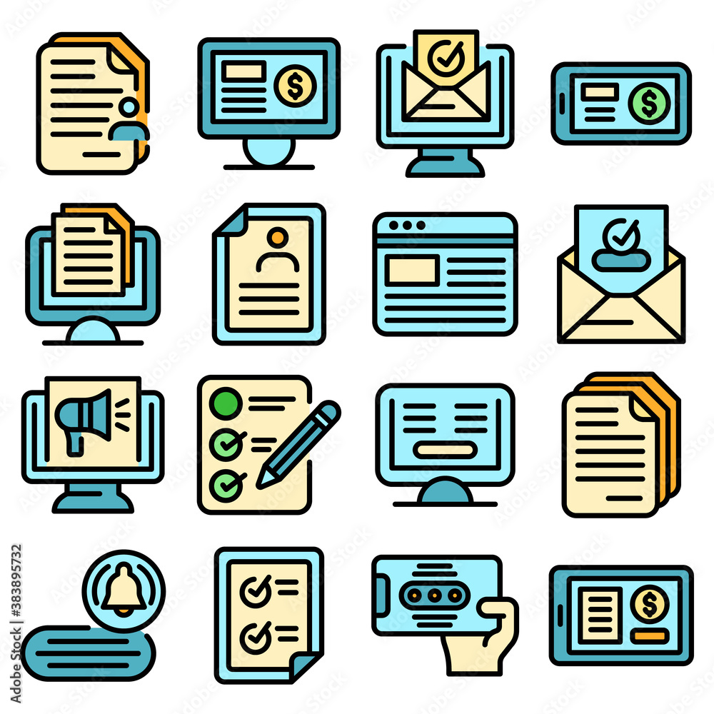 Subscription icons set. Outline set of subscription vector icons thin line color flat on white Subscription icons set. Outline set of subscription vector icons thin line color flat on white