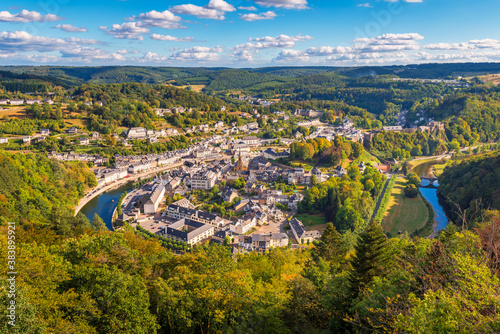 High angle view on the Village of Bouillon and the surrounding Semois river in the Luxembourg Province and Ardennes Region of Wallonia Belgium photo
