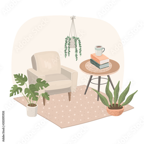 Modern home interior with armchair, table, rug, house plants, teacup and books. Cosy living room vector illustration