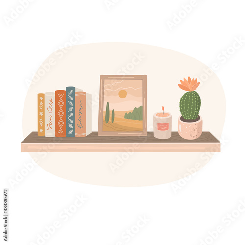 Wooden bookshelf vector illustration with books, cactus, candle and picture in frame