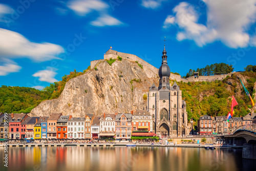Long exposure of the Village of Dinant in the Namur Province and Ardennes Region of Wallonia, Belgium. The Meuse river flows through Dinant.