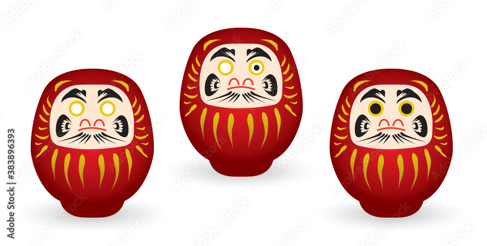 Japanese Daruma doll, simple icon. Doll without eyes, with one and two eyes. Bodhidharma symbol. vector illustration.