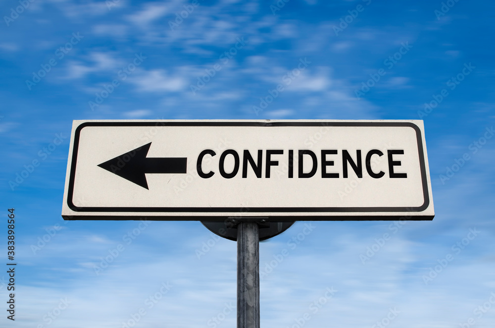 Confidence road sign, arrow on blue sky background. One way blank road sign with copy space. Arrow on a pole pointing in one direction. Confidence road sign, arrow on blue sky background. One way blank road sign with copy space. Arrow on a pole pointing in one direction.