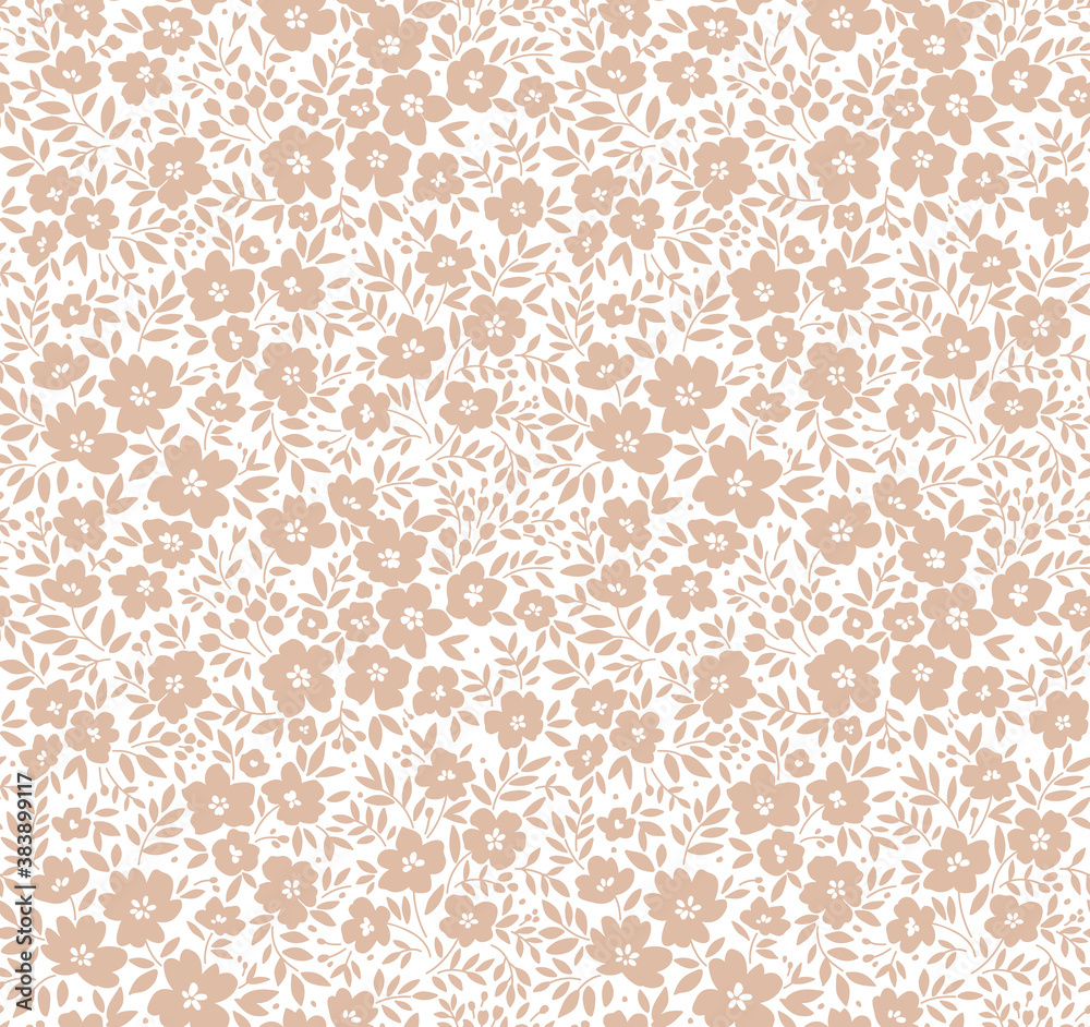 Cute floral pattern in the small flower. Seamless vector texture. Elegant template for fashion prints. Printing with small begie flowers. White background.
